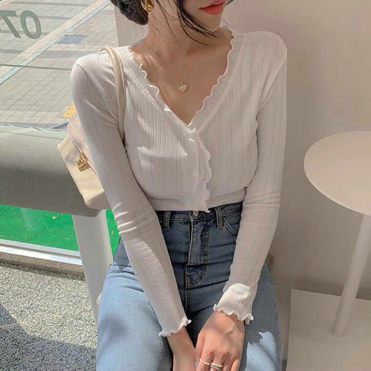 Áo Croptop Nút Viền Bèo Tay Dài