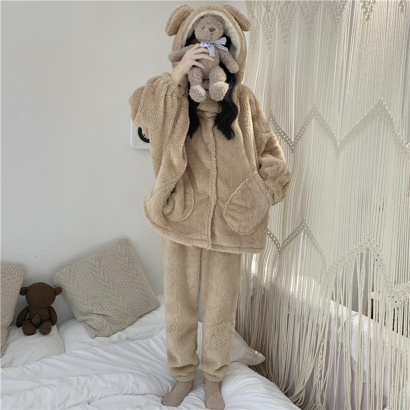 Bộ ngủ lông cừu tai gấu dễ thương, bộ ngủ lông gấu màu xám vòng cổ ấm áp, đồ ngủ nữ, bộ ngủ lông hàn quốc, bộ lông mặc nhà siêu ấm, LAZASHION ,bộ ngủ lông mặc nhà, bộ đồ mặc nhà nữ mùa đông,áo lông nữ