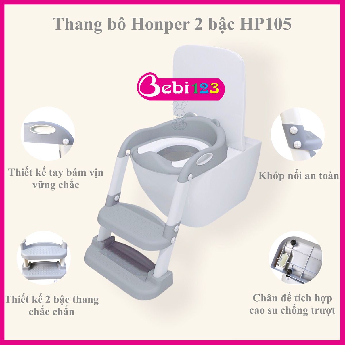 Thang bô vệ sinh Honper 2 bậc kèm bệ lót thu nhỏ bồn cầu, có tay vịn gấp gọn an toàn cho bé yêu