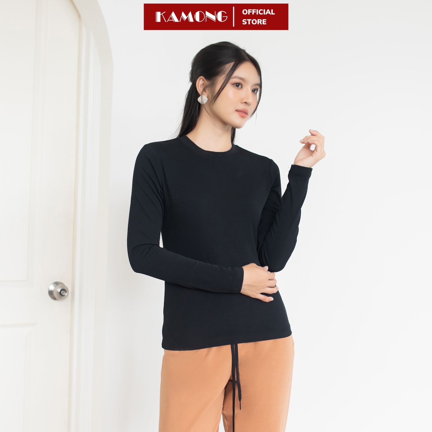 Áo thun nữ tay dài KAMONG kiểu dáng basic chất liệu thun tăm A151