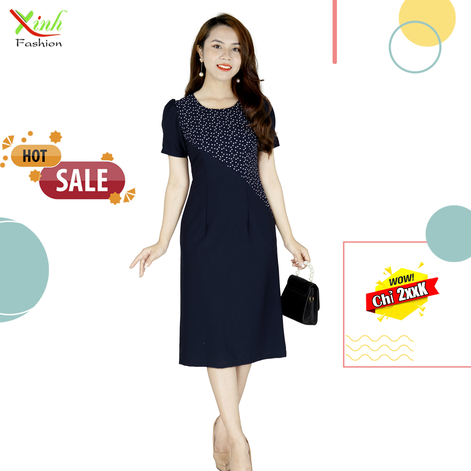 Đầm Suông Cổ Tròn Phối Họa Tiết Hoa Voan Điệu Đà DL783