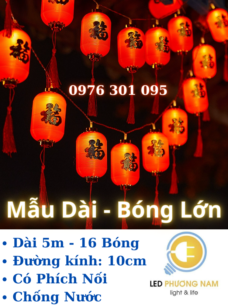 Lồng Đèn Led Đỏ Trang Trí Lễ Tết, Dây 5m 16 bóng có phích nối tiếp