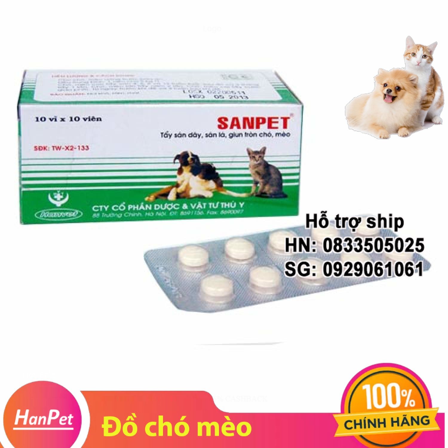 Hanpet - 1 viên tẩy giun chó mèo sanpet tây giun chó / tẩy sán chó / tẩy giun chó mèo / xổ giun chó mèo