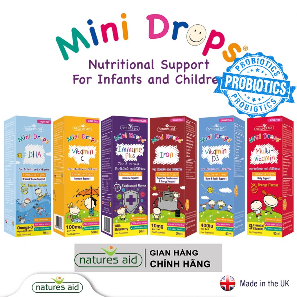 Mini drops cho bé của Natures Aid (sắt, vtm D3, Dha, Multi tổng hợp,immune tăng đề kháng)