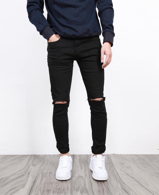 [HCM][Mã FASHIONHOT27 giảm 10K]Quần Jeans Đen Trơn - Rách Gối