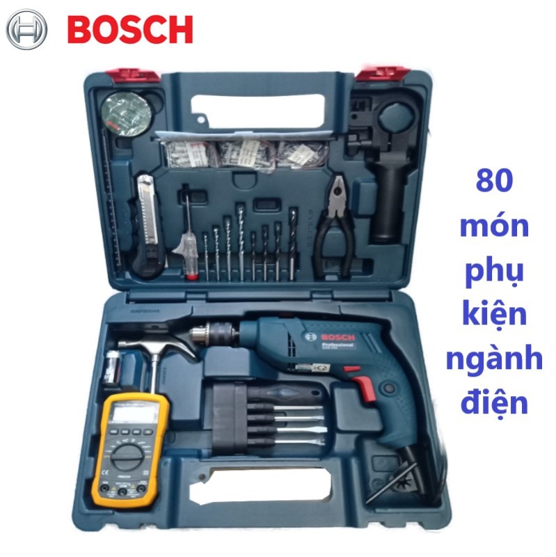 Máy khoan động lực 550W GSB 550 (bộ set valy nhựa 80 món phụ kiện ngành điện) - Bosch Chính hãng- khoan Bê tông, khoan gỗ, thép, khối xây nể