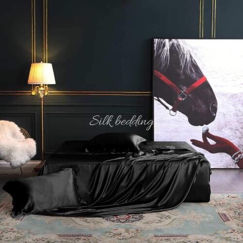 ( Lụa Loại 1) Bộ 5 Món Vỏ Chăn Ga Gối Phi Lụa Màu Đen Cao Cấp Mềm Mại Lan Pham Bedding