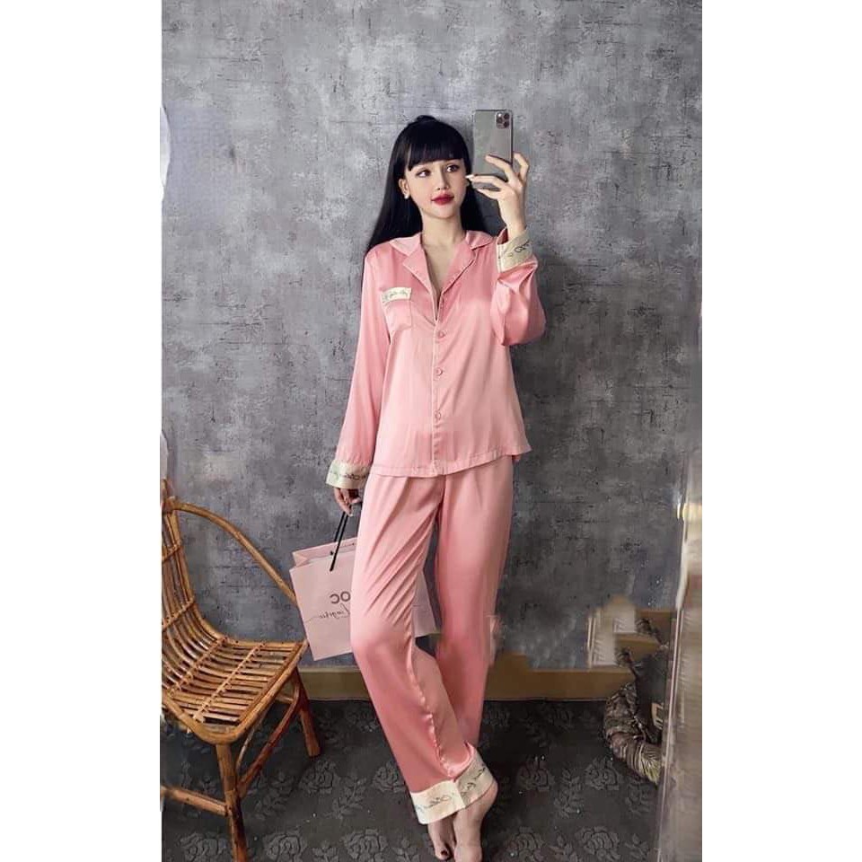 (Sale xả hàng) [Bộ Ngủ Lụa Dài Tay Viền Chữ Ký] Hot Trend Thu Đông, Hàng May Kỹ Có Túi Quần.LP1-LP5