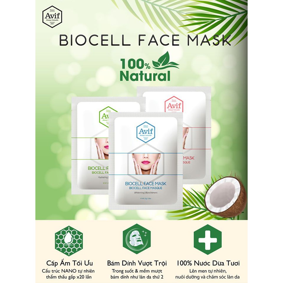 [HCM]Mặt nạ sinh học Avif Biocell Face Mask 23gr - Lên men từ nước dừa tươi trắng da chống lão hóa cấp ẩm