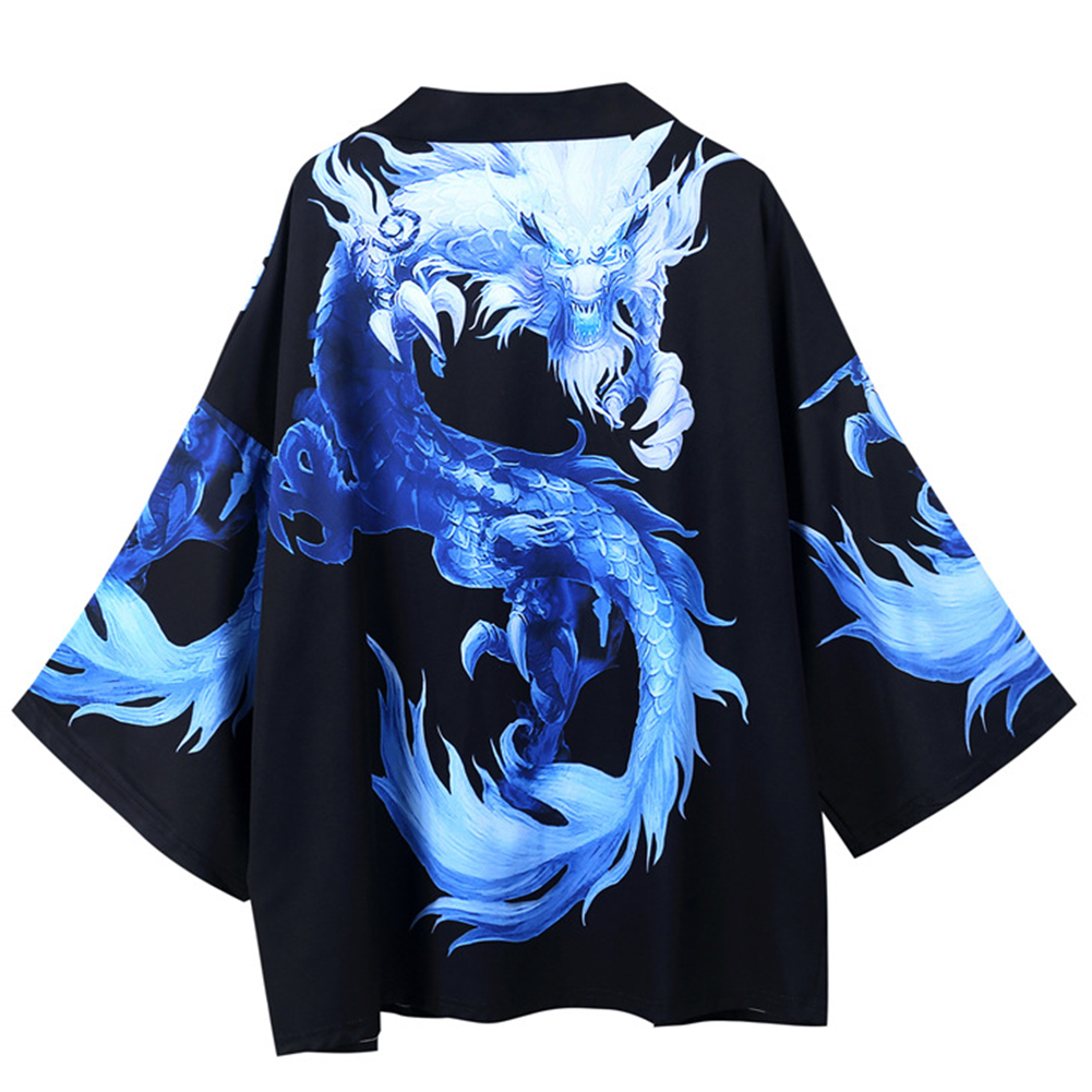 Men Women Cardigan Robe Chinese Dragon Kimono Summer Loose 3/4 Sleeve Sun Protection Garments
