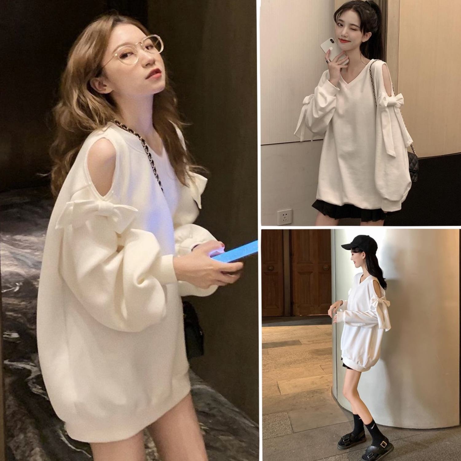 SUA004 Áo sweater thun cổ V đen trắng tay bồng khoét vai nơ babydoll cute thu đông thời trang nữ tính bánh bèo tiểu thư