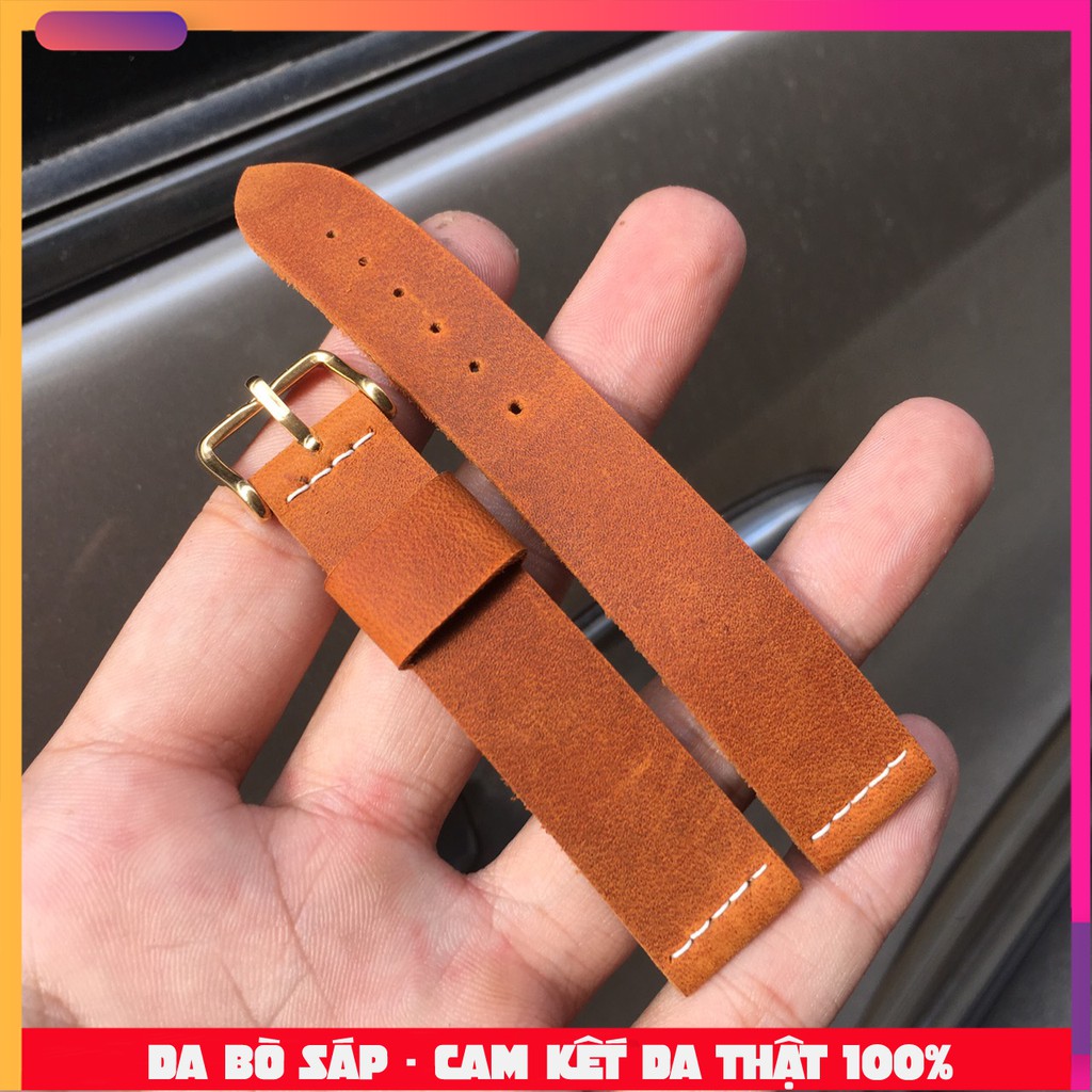 Dây đồng hồ da bò sáp màu vàng bò khâu tay handmade
