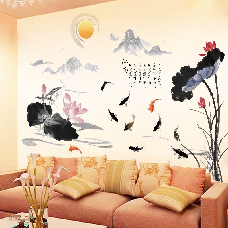 Decal dán tường hoa sen và cá vàng màu đen