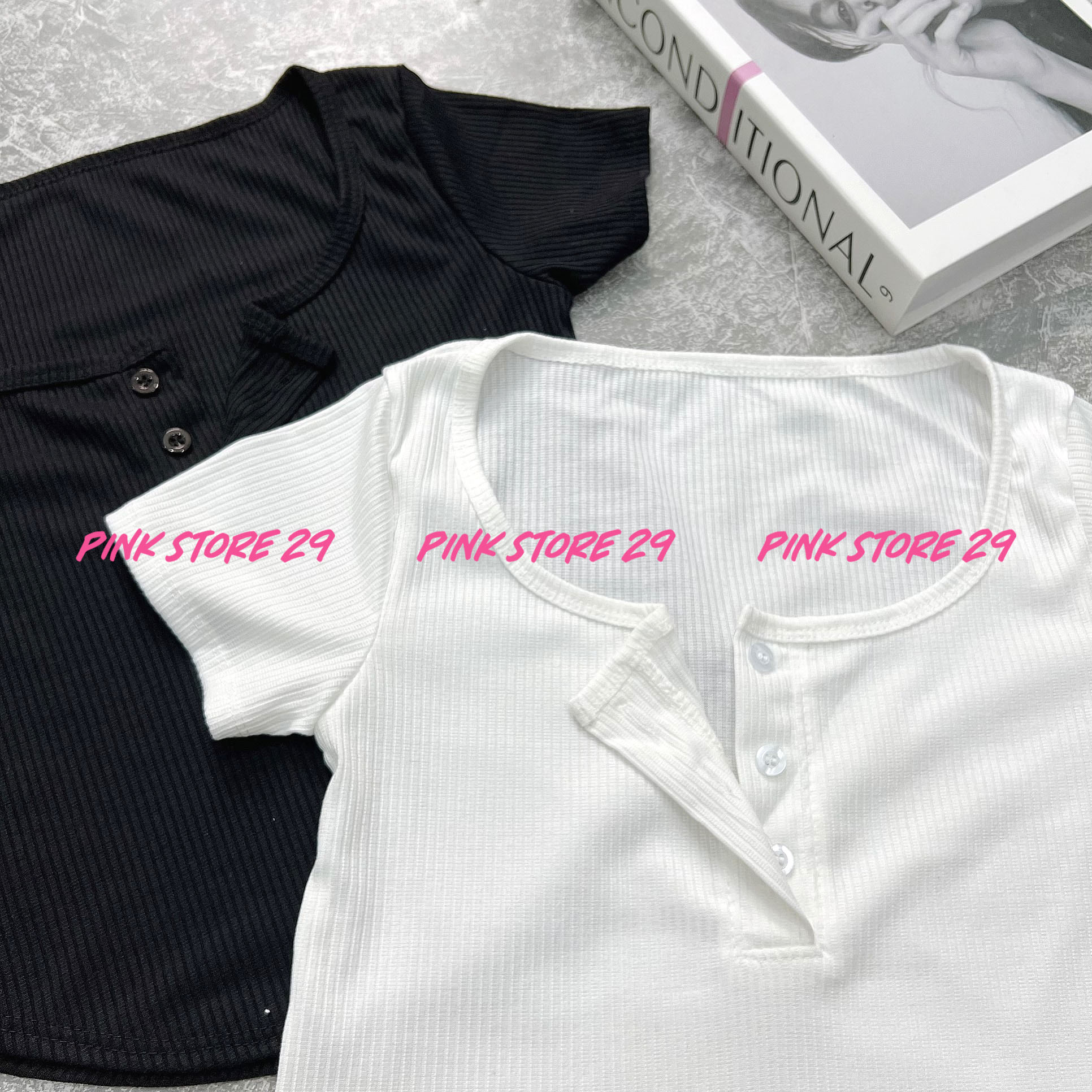 Áo Kiểu Croptop Dáng Ôm Vạt Bầu PINKSTORE29 Cổ Phối Cúc Cài A5152