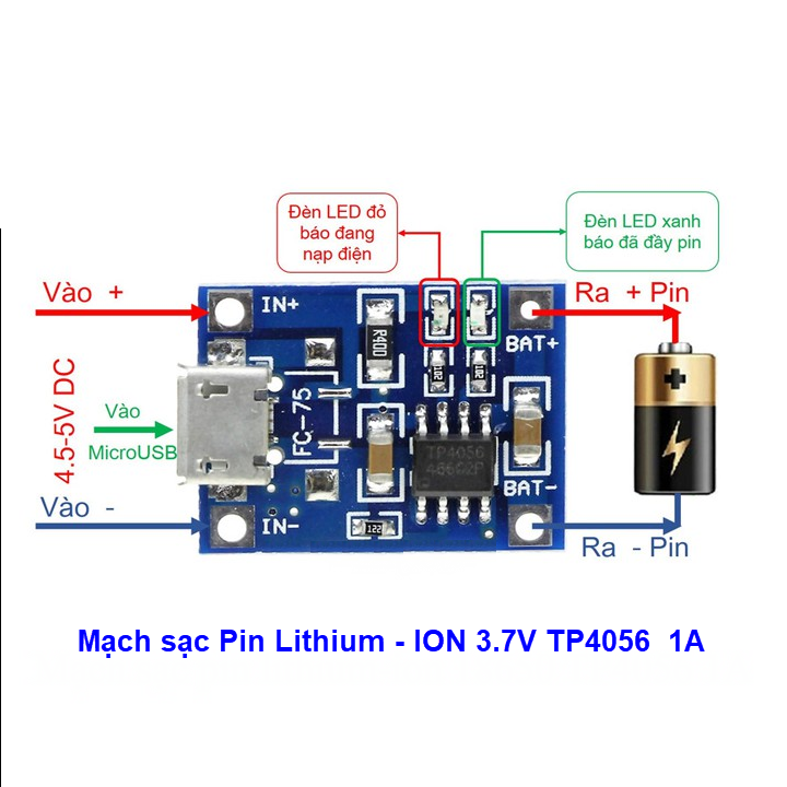 Combo 5 Mạch sạc pin 18650 lithium 3.7v-4.2v TP4056 micro USB