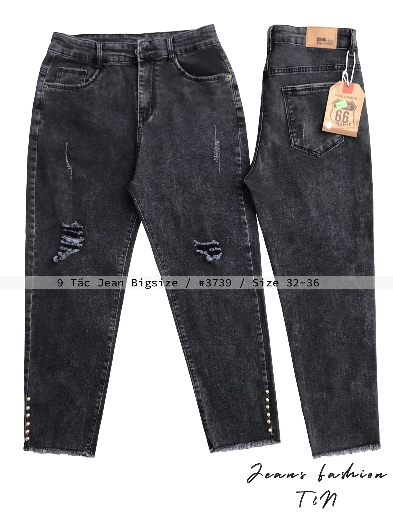 Quần jean 9 tấc big size đen tuyền rách kiểu đính đinh 2725