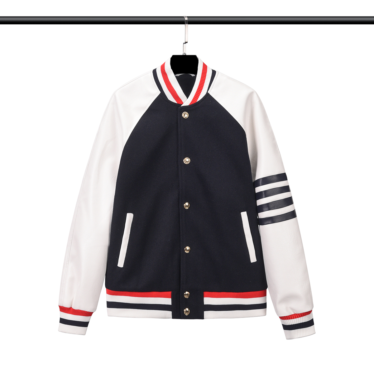 Áo khoác nam nữ Thom Brow.ne Varsity 820 vải Suedu da lộn hàng thiết kế tay áo kẻ sọc cực sang trọng
