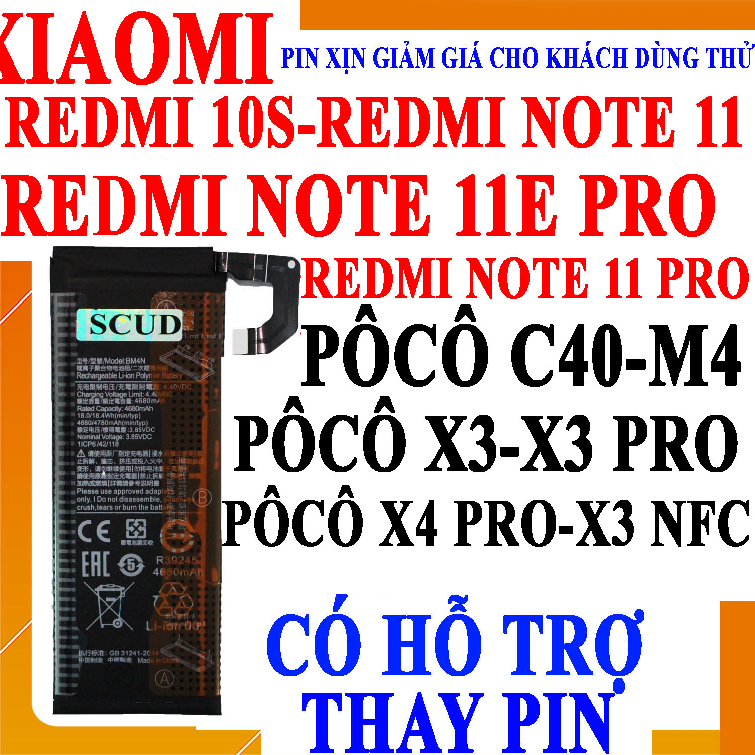 Pin Scud cho Xiaomi Redmi Note 10S/Redmi Note 11/Redmi Note 11 Pro/Redmi Note 11E Pro