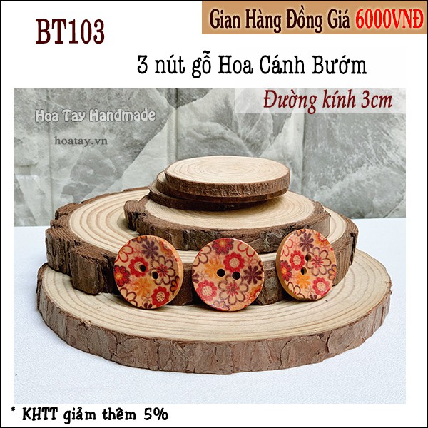 3 nút gỗ 3cm hình hoa cánh bướm bt103 - hoa tay handmade