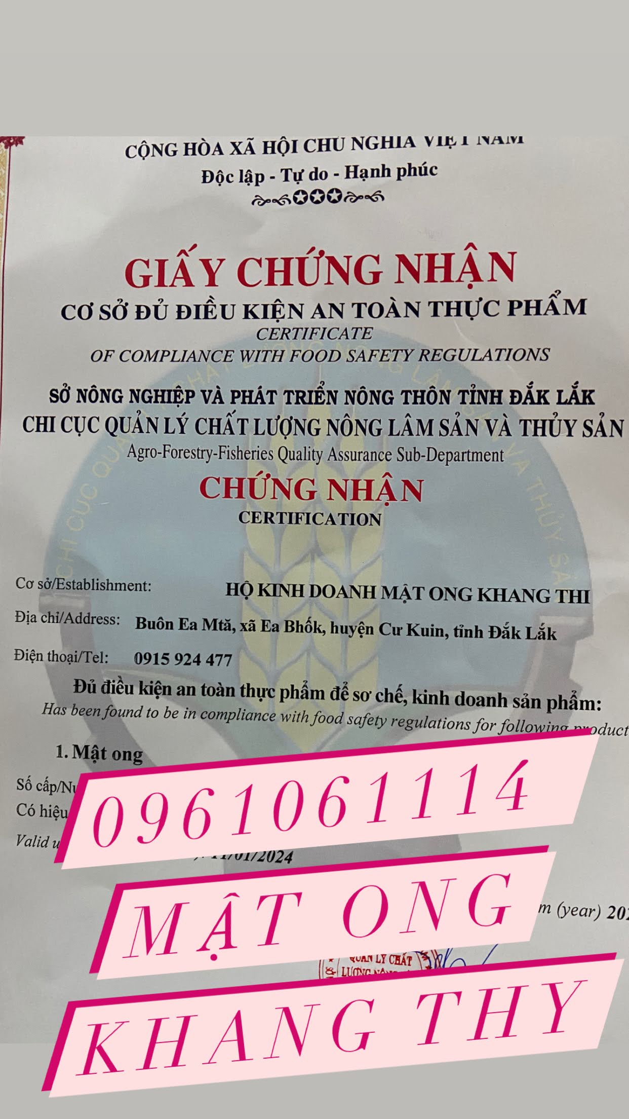 Mật ong hoa cà phê nguyên chất 1 lít dak lak