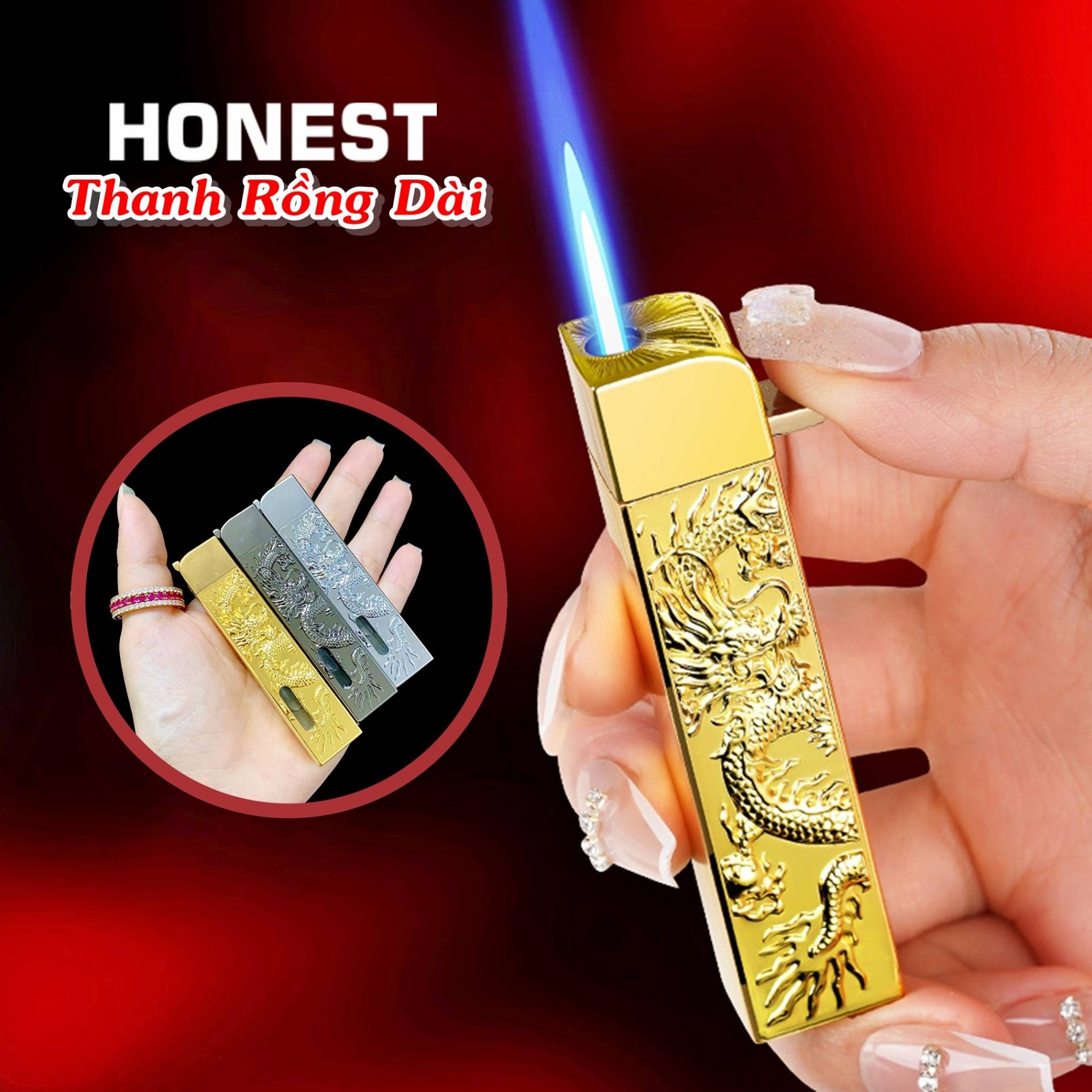Hộp quẹt - bật lửa khè honest điêu khắc hình rồng thon nhỏ