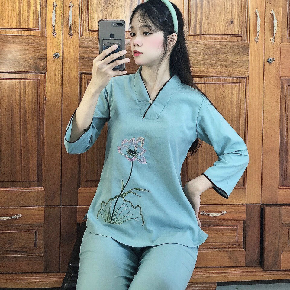 Nút ngọc kate đồ bộ mặc nhà, quần áo phật tử, đồ lam đi chùa mẫu nút ngọc kate mã hpa11