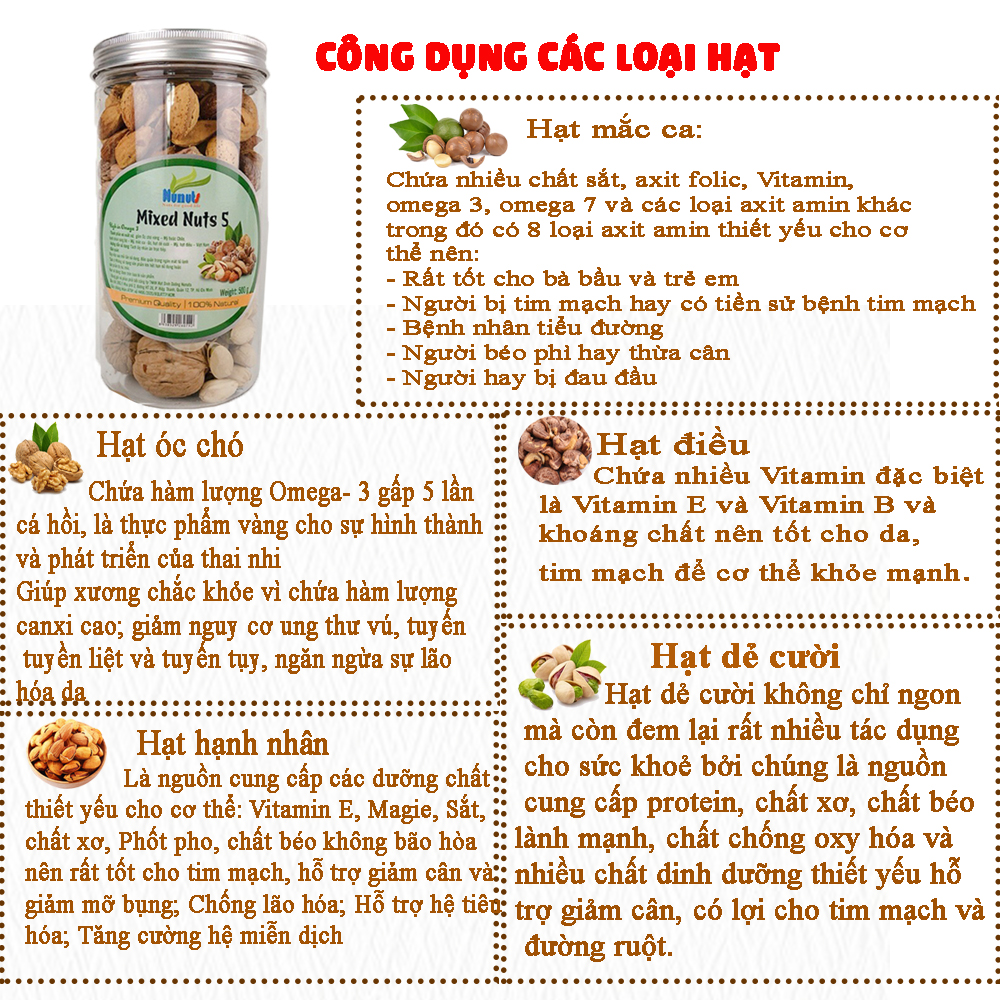 Mix 5 hạt dinh dưỡng còn vỏ (macca úc, hạnh nhân rang bơ, hạt điều, hạt óc chó, hạt dẻ cười không tẩy trắng) hũ 500g