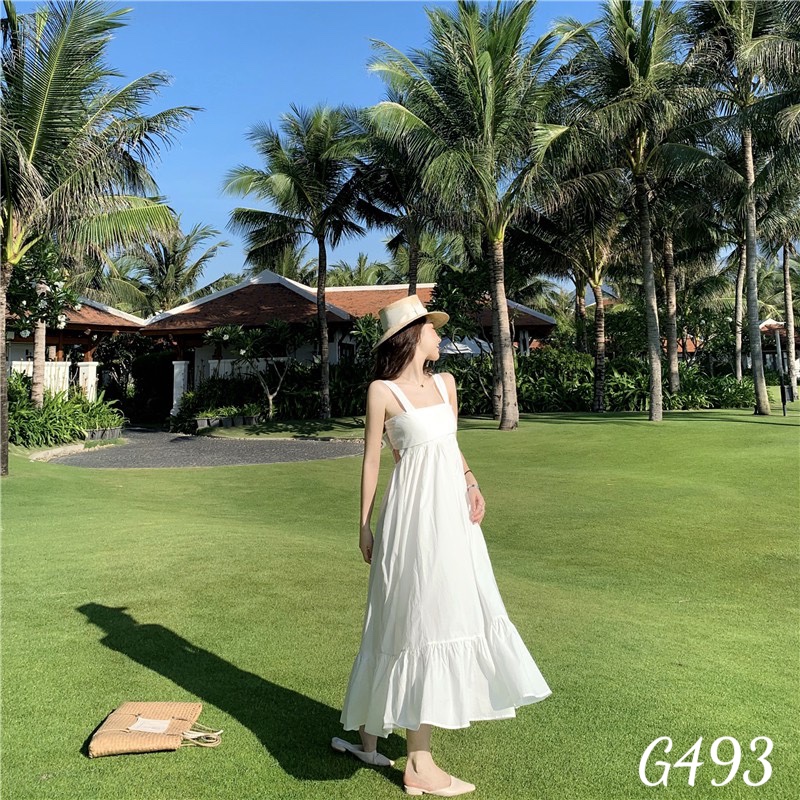 Đầm xoè nữ maxi đi biển kiểu nơ lưng voan lụa G493