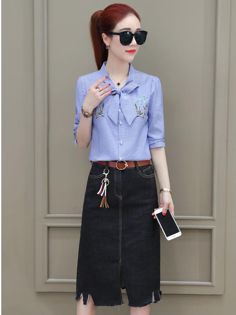 [4.4 Hoàn tiền 15%][HCM]Áo sơ mi sọc nhí thêu hoa- MS0113A