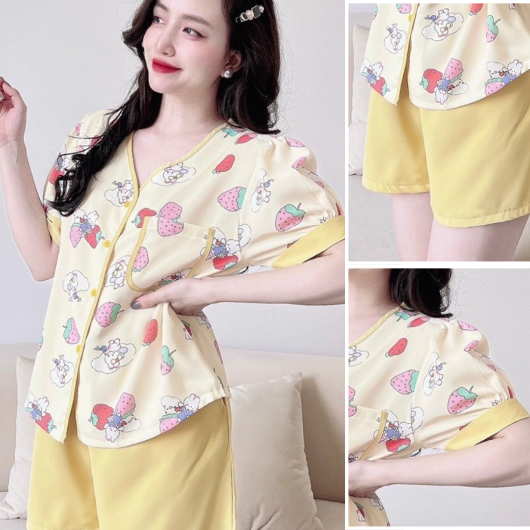 Đồ bộ ngủ pijama mặc nhà - freesize lụa mango quần đùi trẻ trung - vàng dbb0006xl