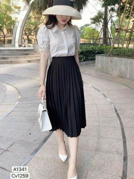 Chân váy dập ly nhỏ, dáng dài, chất CÁT HÀN