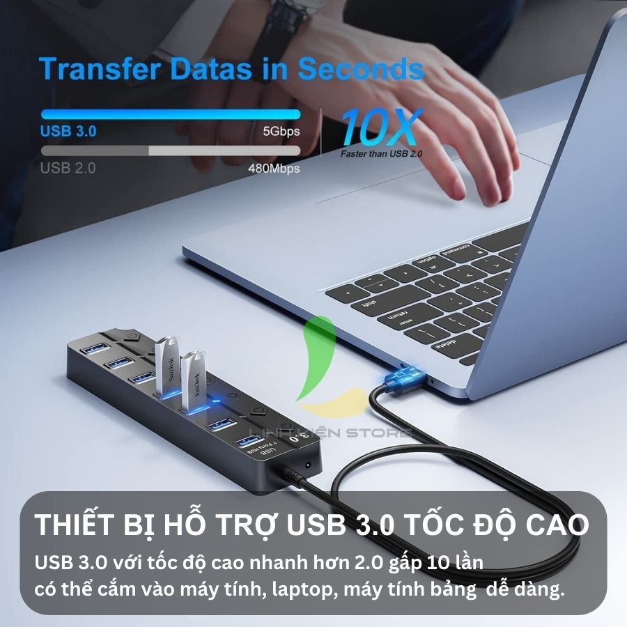 Bộ chia USB 7 cổng USB 3.0 - Hub USB tốc độ cao có đèn led hỗ trợ máy tính, PC