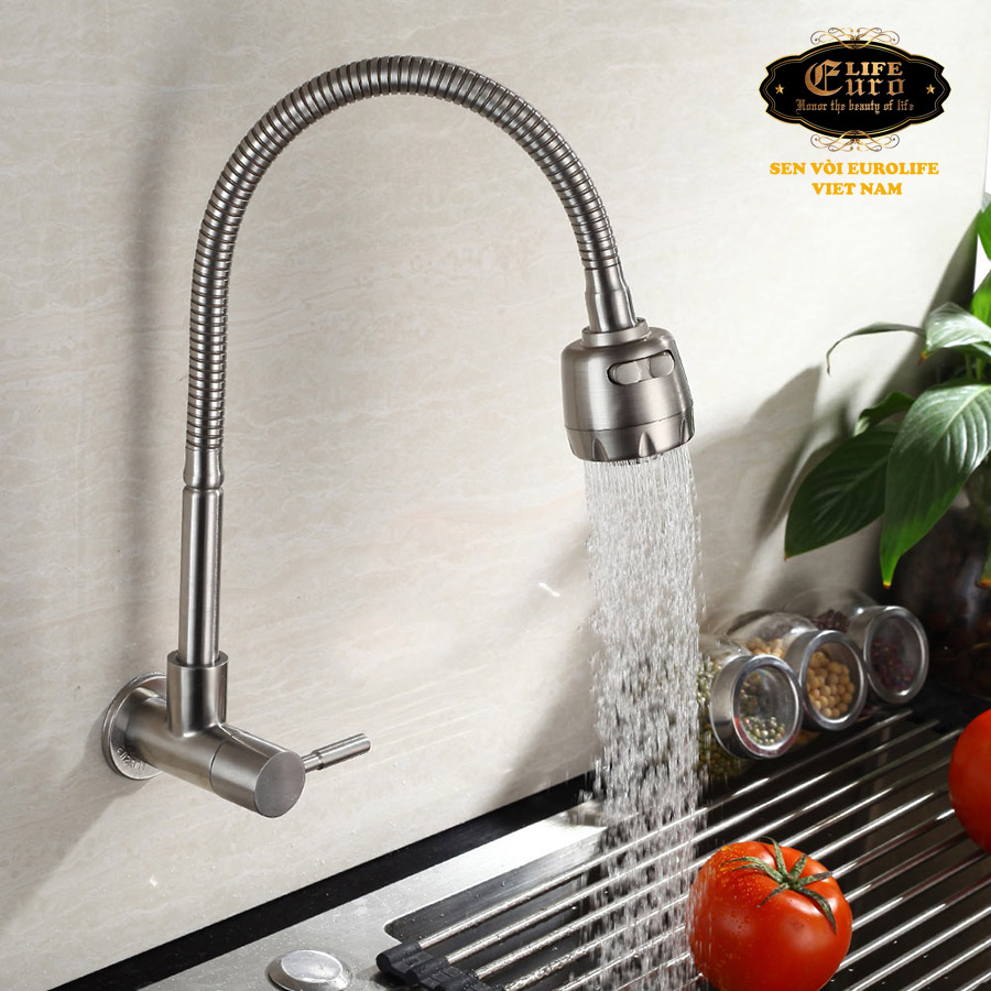 ( Có Video ) Vòi rửa chén lạnh âm tường Inox SUS 304, cần lò xo Eurolife EL-RC10 (Trắng vàng)