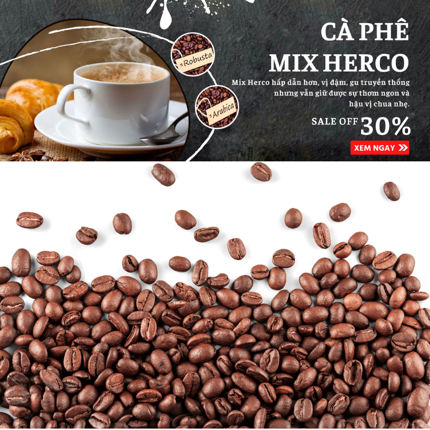 [FREE SHIP] 1KG Cà phê MIX HERCO CT2 (100% cà phê hạt rang xay mộc nguyên chất) xay dùng pha phin - cafe pha máy