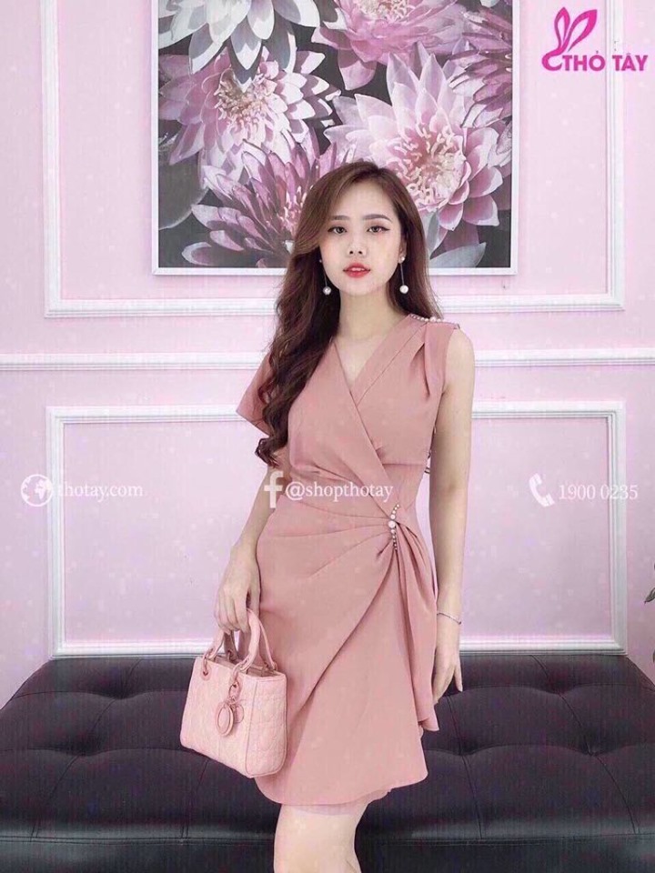 Đầm Nữ ( Váy Nữ ) Chéo Eo Đính Cườm Thời Trang Bambo