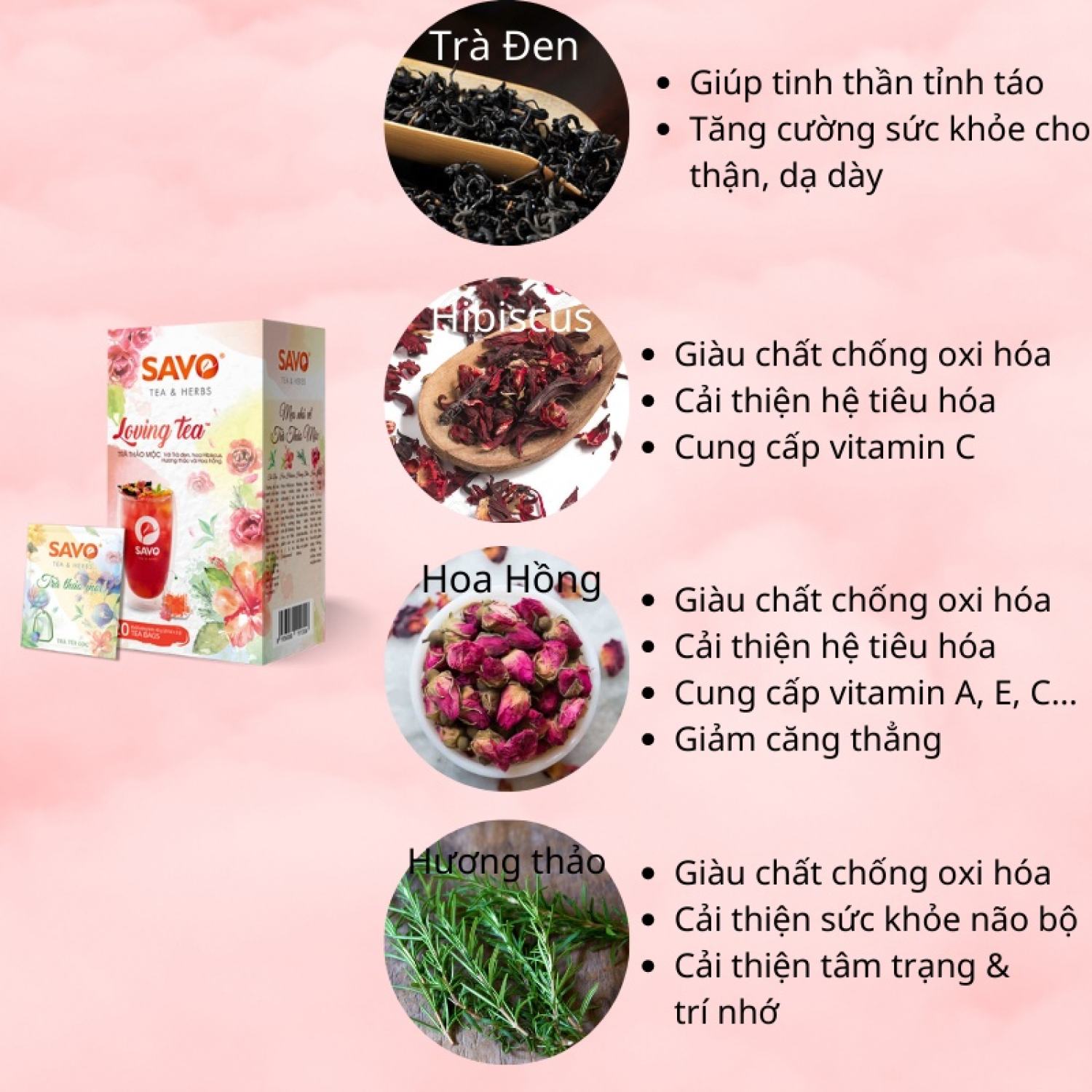 Trà Loving SAVO - Trà thảo mộc (trà đen, hoa hồng, hibiscus, hương thảo)