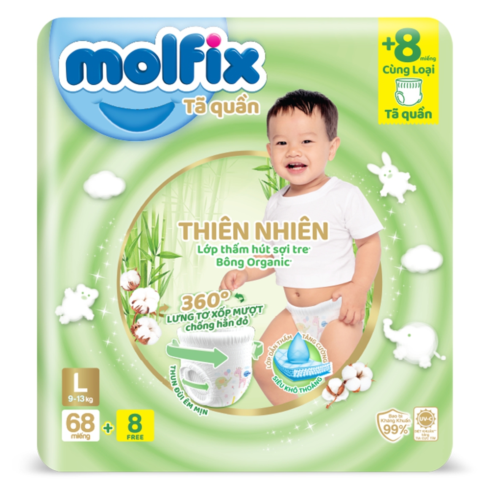 Bỉm tã quần Molfix thiên nhiên (L, 9-13kg, 68 miếng) + 8 miếng ( Giao Bao Bì Ngẫu Nhiên)