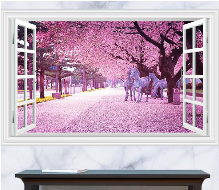 HCM-Decal trang trí tường - Cửa Sổ Ngựa rắng rừng Đào