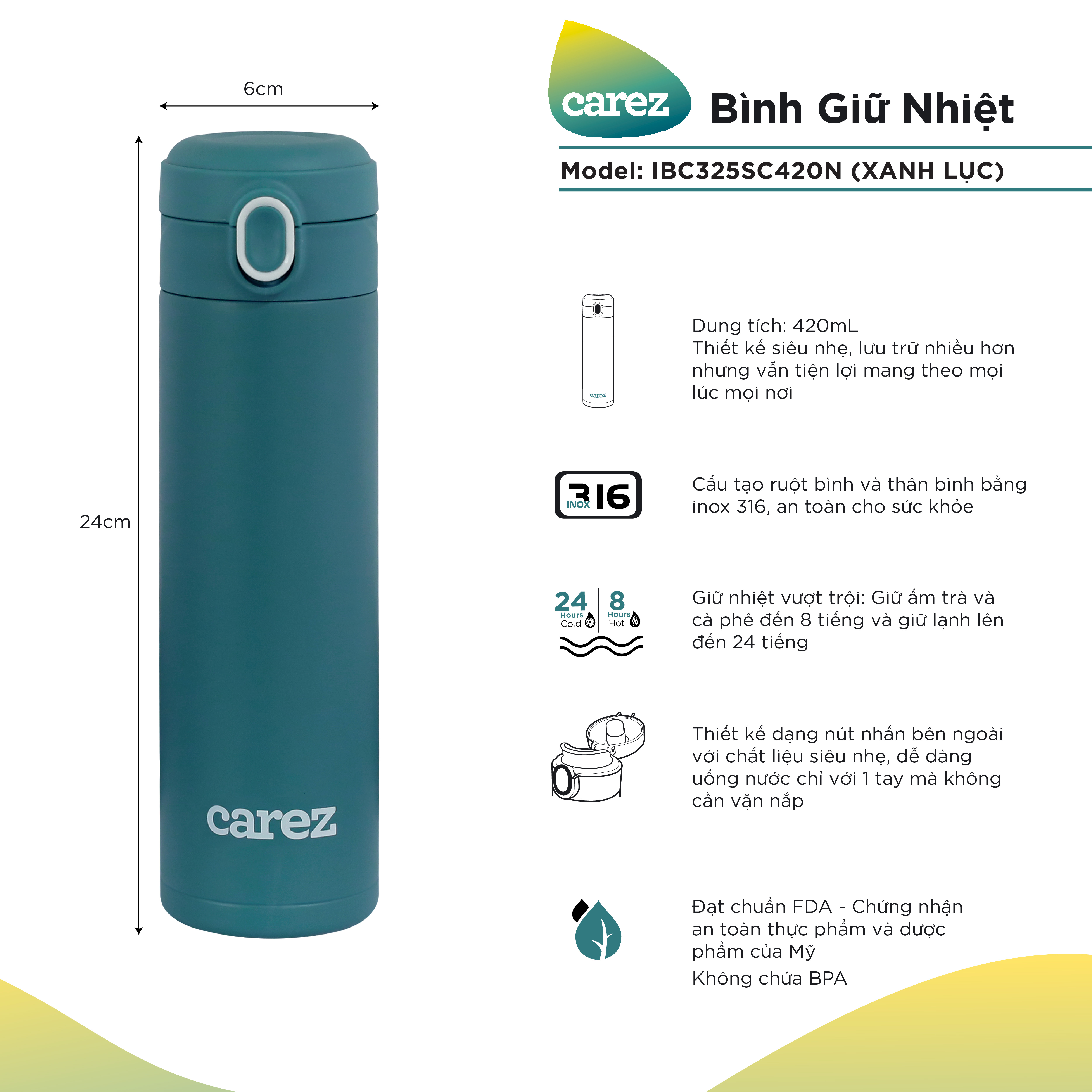 Carez ibc325sc420n-420ml Thermos bottle, stainless steel 316, BPA-free-hot for 8 hours, keeping cold for 24 hours-authentic