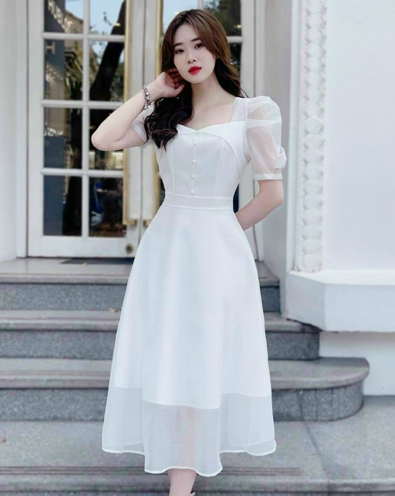 Đầm voan đính cườm trắng xinh sang chảnh hót hít đẹp ldt922 y hình