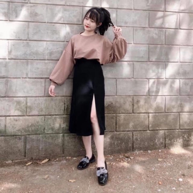 🔥SET VÁY XẺ TÀ + CROPTOP TAY DÀI TRƠN