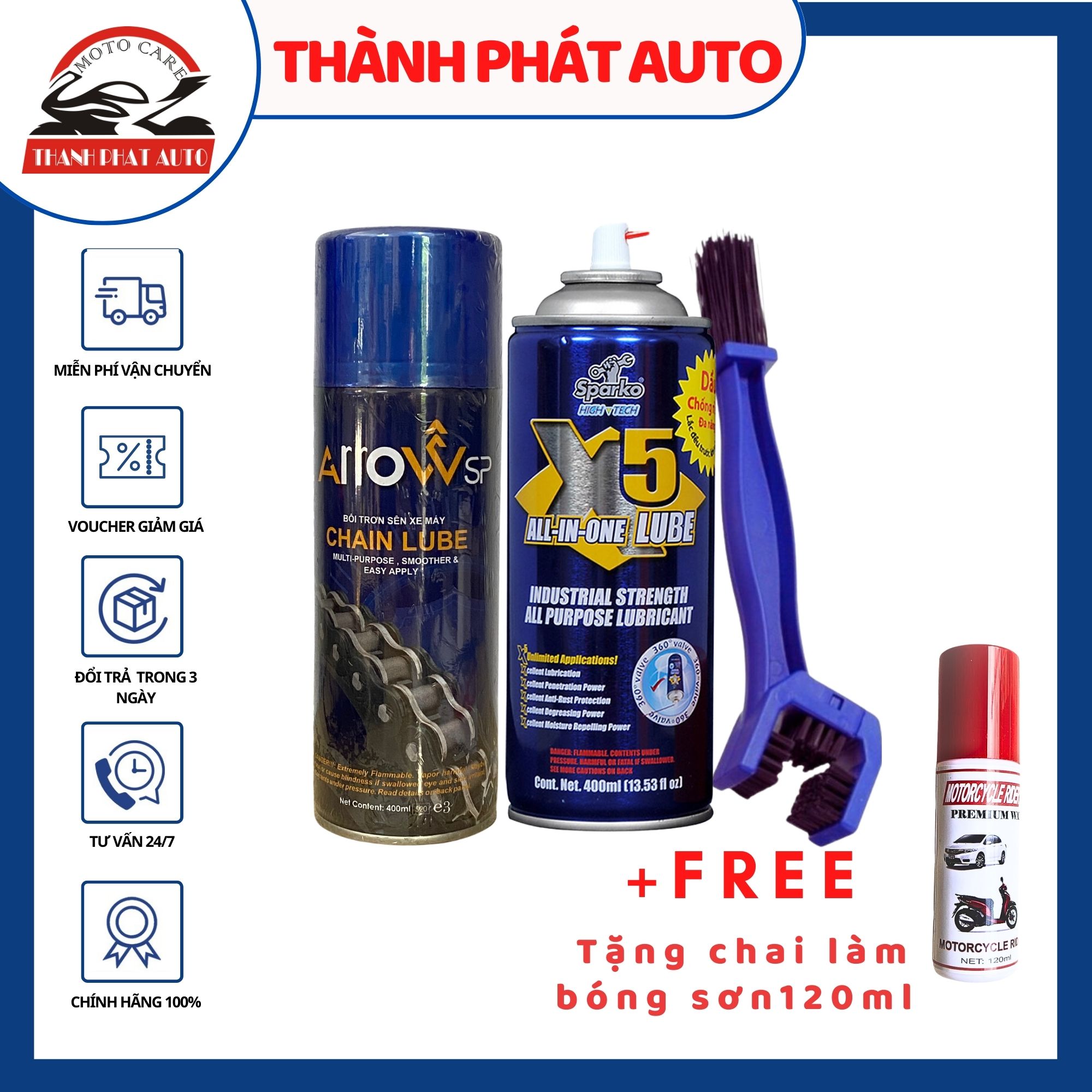 Bộ 3 sản phẩm vế sinh sên x5-400ml + chai xịt bôi trơn sên xe máy arrow chain lube 400ml tặng bàn chải vệ sinh sên chuyên nghiệp 3d
