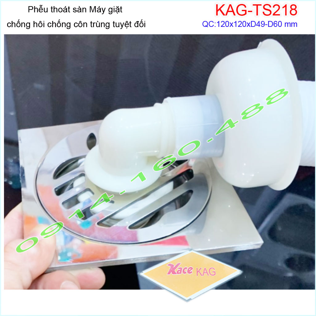 Thoát sàn máy giặt 12x12cm KAG-TSM218 đế đạn, Phễu thoát nước có co nối máy giặt ống từ D49-60 thoát nước nhanh