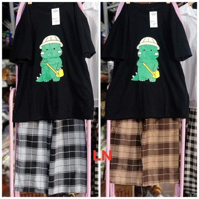 [FREESHIP] Set bộ áo thun khổng long đội nón đeo cặp sách + quần suông kẻ caro ống rộng, cam kết sản phẩm đúng mô tả, chất lượng đảm bảo