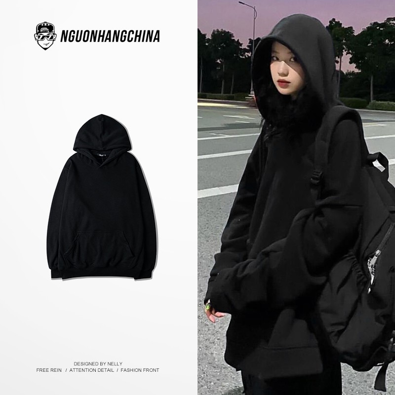Áo Hoodie Nelly Heybig trơn màu đen