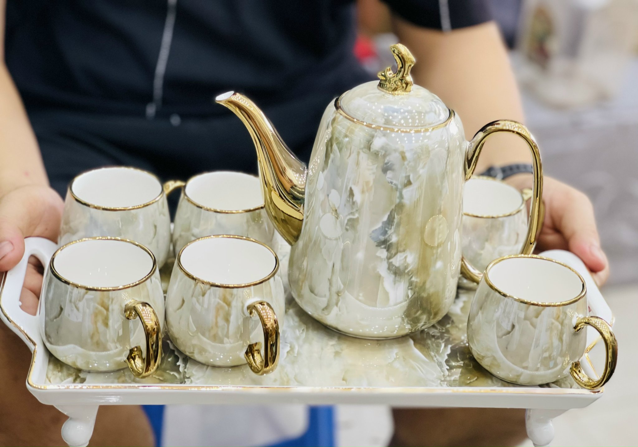 ấm chén pha trà màu vân đá. bộ tách trà màu vân ghi. ấm chén pha trà