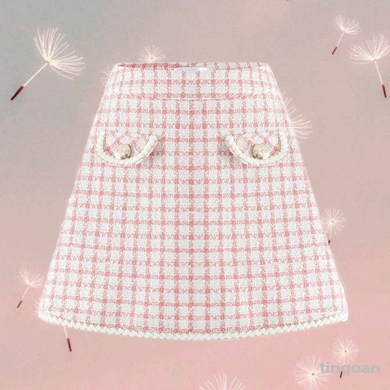 CHỈ 31.7 - VOUCHER 10% ĐƠN 99K + VOUCHER 15% Chân Váy Tweed Caro Hồng 2 Cúc Cạp Cao Tingoan Rosie Sakura Skirt Pk