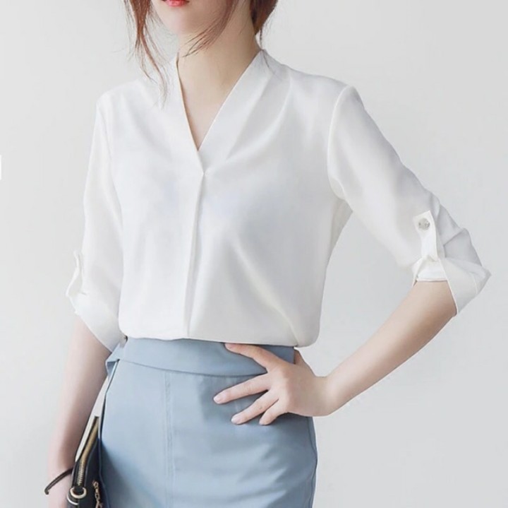 [HCM]Áo sơ mi nữ cổ V cao cấp 2 màu: Trắng Hồng