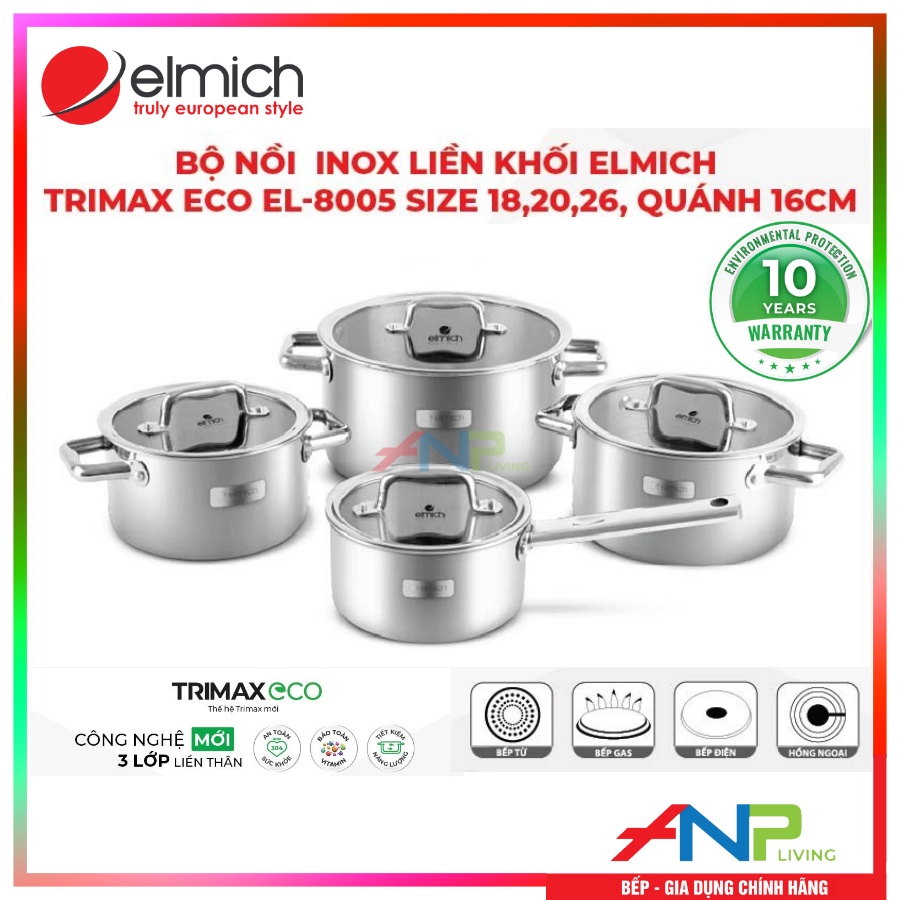 Bộ 4 nồi inox liền đáy elmich trimax eco el-8005 size 18, 20, 26 quánh 16cm