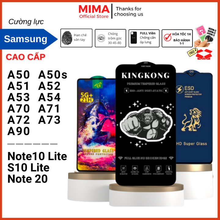 Kingkong Samsung A50 A50S A51 A52 a52s A53 A54 A70 A72 A73 A80 A90 4G 5g tempered glass, samsung Note 10 Lite S10 Lite note 20 premium full screen anti-scratch limitation fingerprint sweat anti-dust ESD technology gift with skin